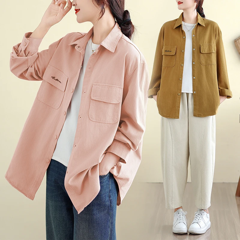 

Loose Casual Denim irt Long Sve Women's Pure Color Couple's Outerwear Cotton Comfortable Classic Sle Faionable