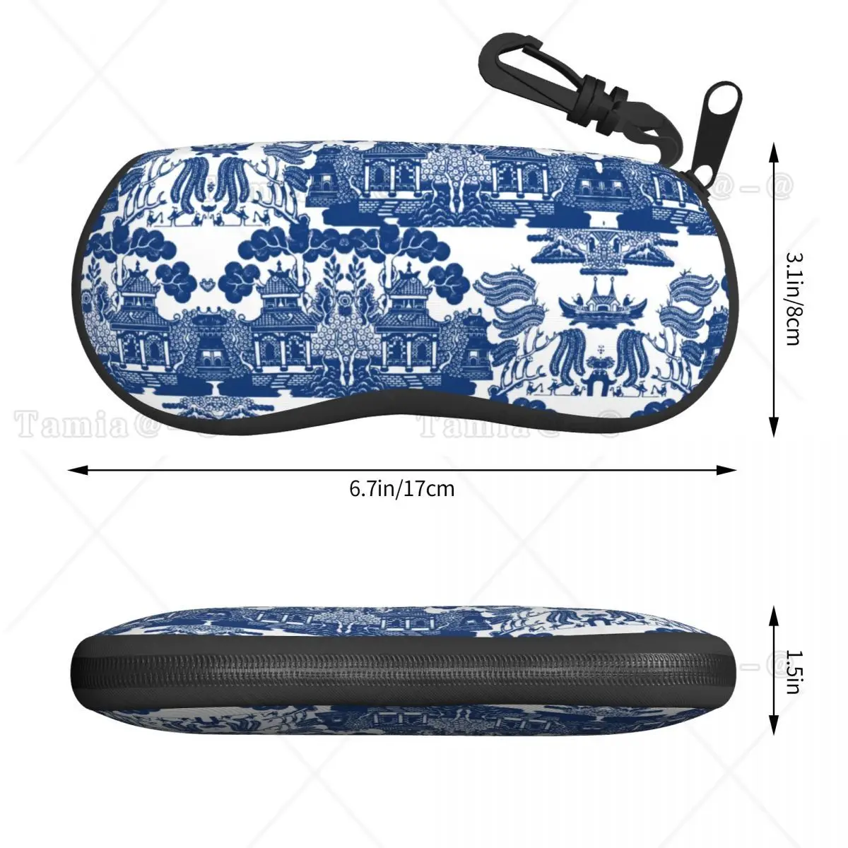 Custom Blue Willow Chinoiserie Blue And White Porcelain Inspiration Shell Glasses Case Eyeglasses Case Sunglasses Protector Box