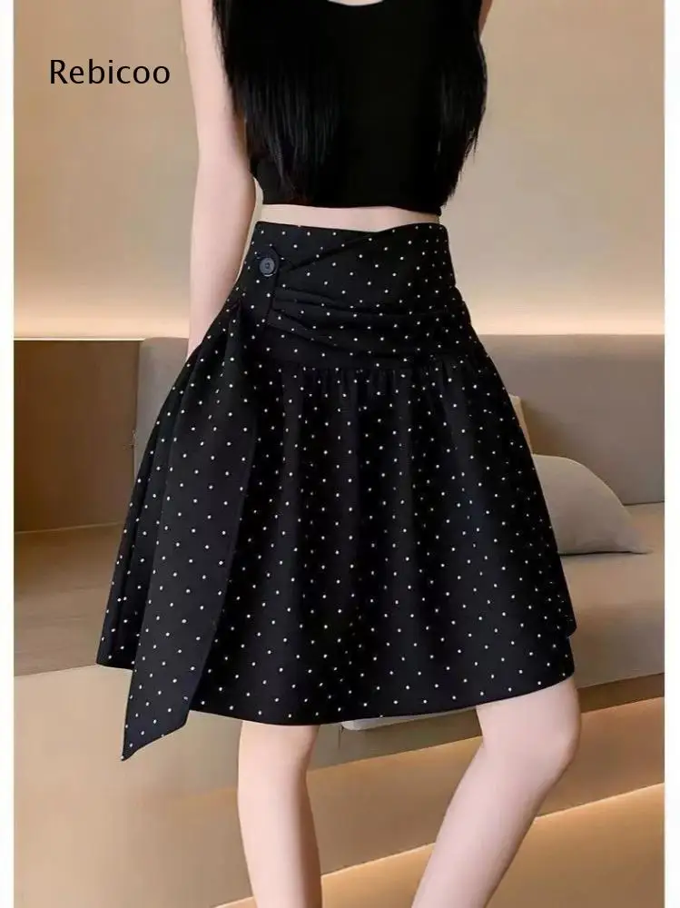 Polka Dot Wrap A Line Skirt For Women High Waist Fold Over Button Midi Length For Daily Wear And Weekend Social Activities