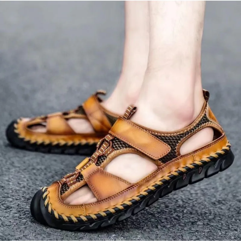 

Летние мужские сандалии ручной работы, качественные сандалии из натуральной кожи для мужчин, уличная пляжная обувь, удобная обувь для прогулок, мужские тапочки