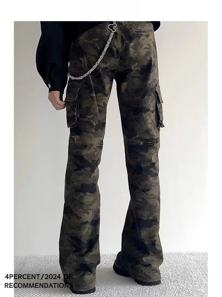 جينز رجالي بتصميم أمريكي عتيق بنمط التمويه متعدد الجيوب ضيق مناسب للعمل بنطلون جينز نحيف وواسع من الأسفل عصري للشباب #3