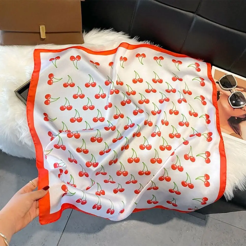 

Fashion Luxury Satin Square Satin Scarf Fruit Pattern Soft Women Headscarf Versatile Cherry Design Silk Scarf Daily Wear