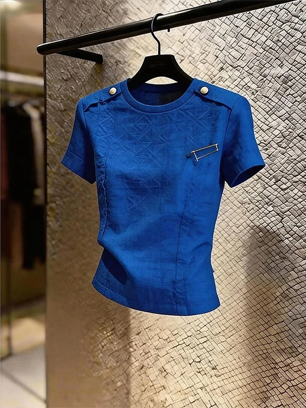 Unique Beautiful Slimming Short Sleeve T-Shirt Women's Klein Blue Design Summer New Style Commute Fashion Korean Style Butter...
