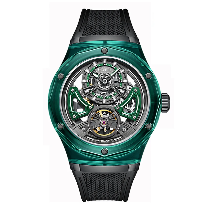 BONEST GATTI Men Automatic Watch 45mm Mechanical Wristwatch Crystal Case Sapphire Luminous Fluororubber Strap Skeleton Dial