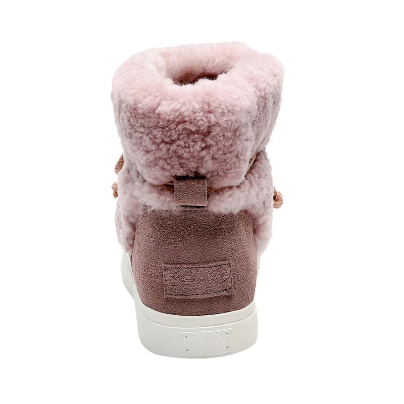 Women Ankle Boots SmallHut Winter Nature Suede Flat Shoes Elegant Ladies Beige Pink Lace Up Round Toe Wool Snow Boots
