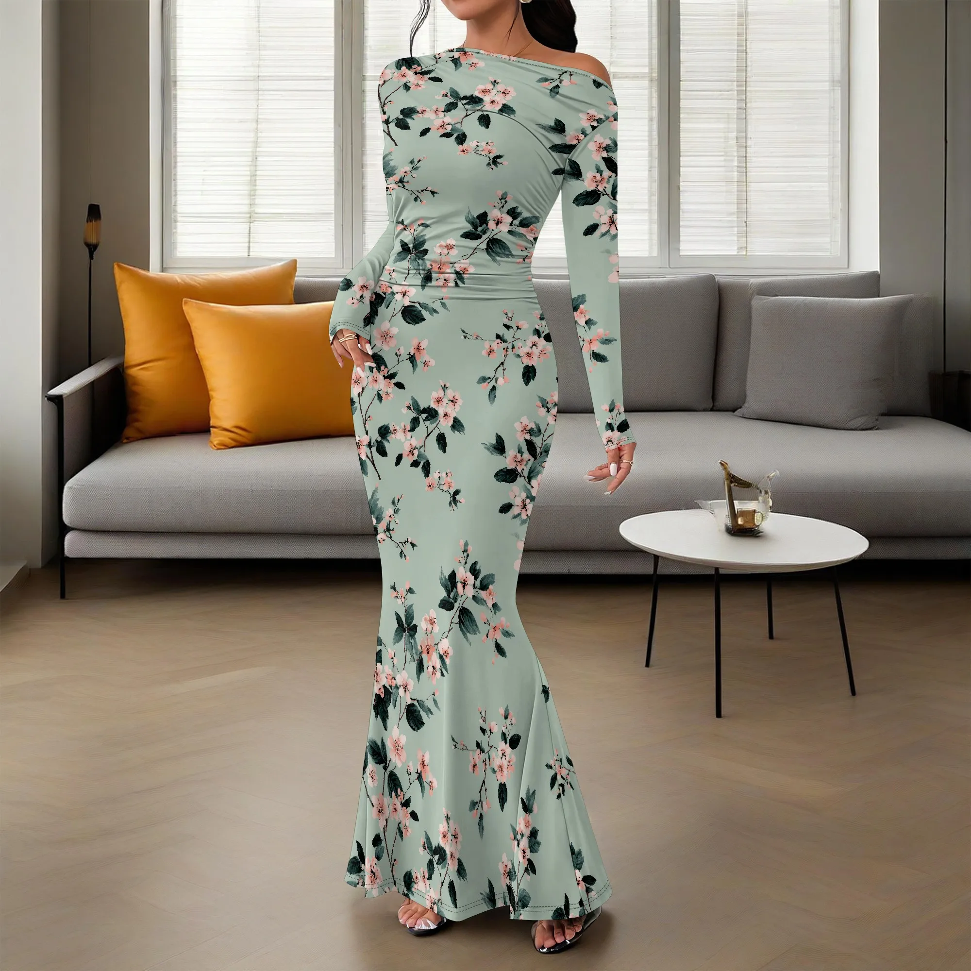 ผู้หญิงเซ็กซี่Elegantแขนยาวปิดไหล่Bodyconชุดราตรียาวอย่างเป็นทางการ