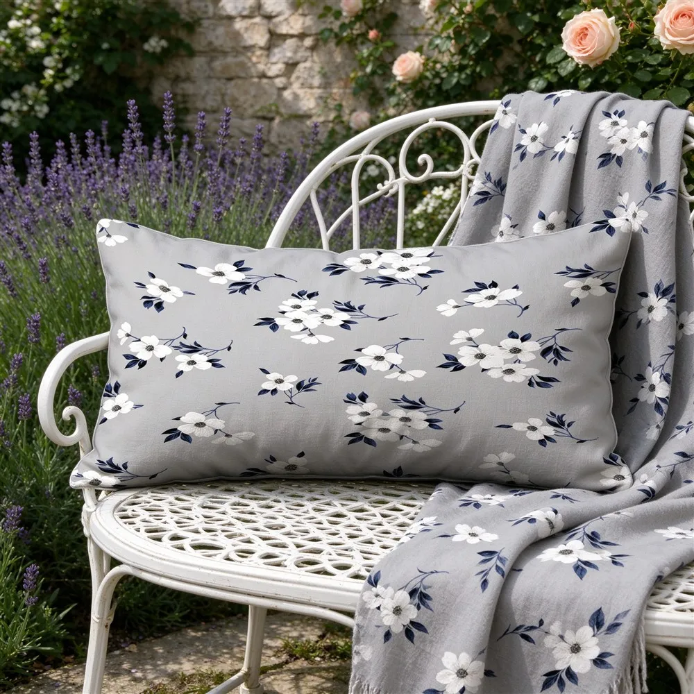 Blue White Provence Flower Print Long Pillow Cover, French Style, Garden Decorative, Polyester, Baby Shower Gift, Hypoallergenic