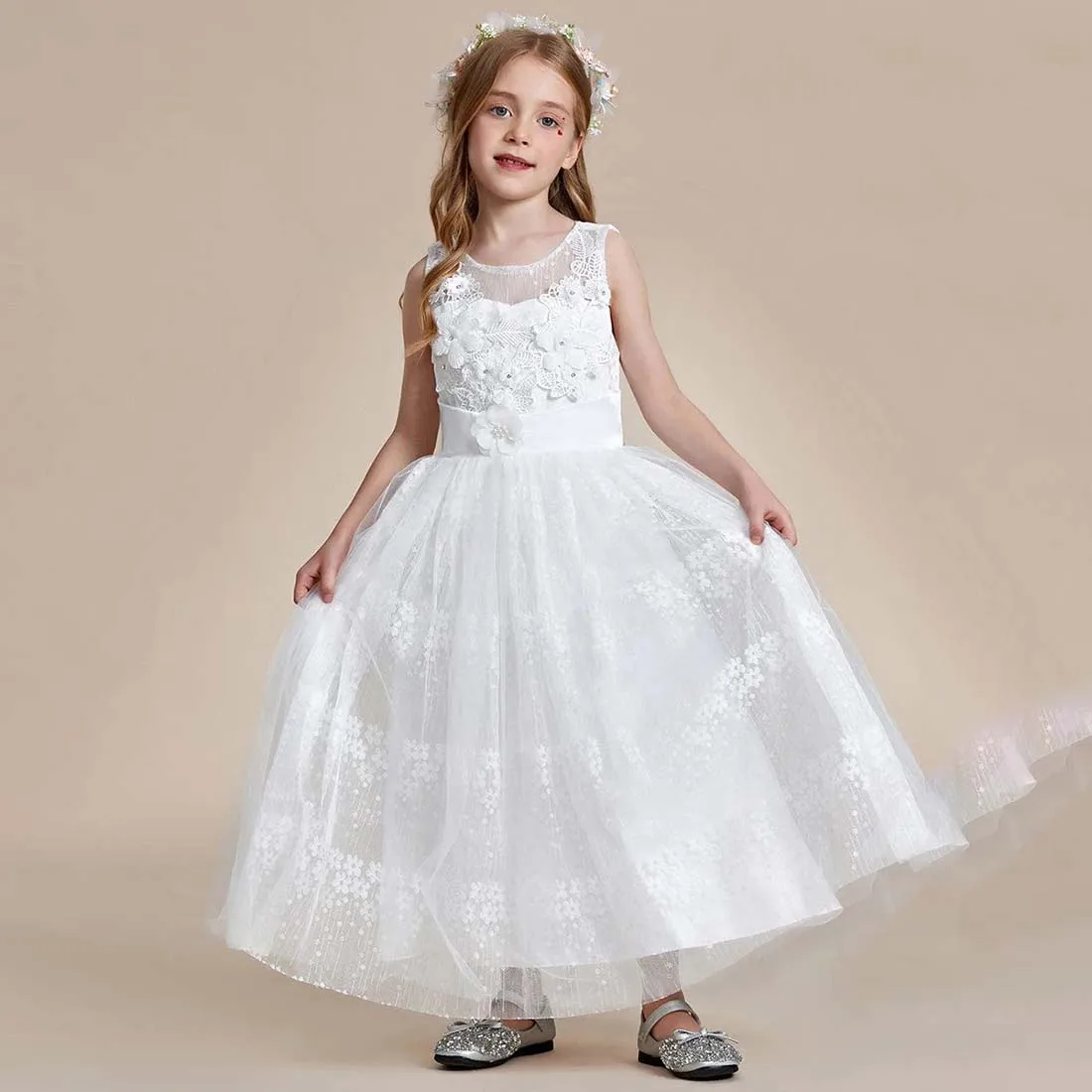 YZYManual-Vestido Menina Flor com Costas Cetim, Applique Floral Tule, Princesa 2-15T