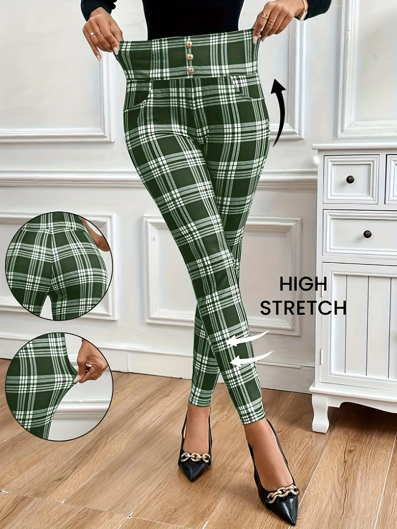 

Women's high waist slim plaid pants - metal button details, soft and comfortable fit fabric, all seasons versatile casual pants