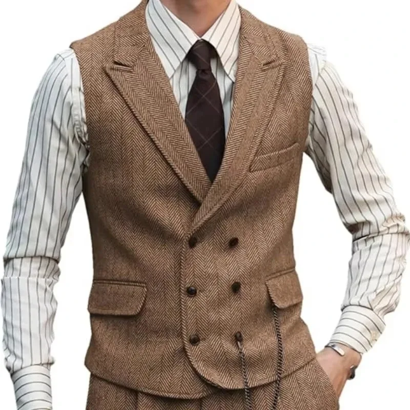 

Men Vest Brown Suede Leather Gentleman Business Waistcoat Vintage Regular Slim Autumn Winter Banquet Men's Suit Vest