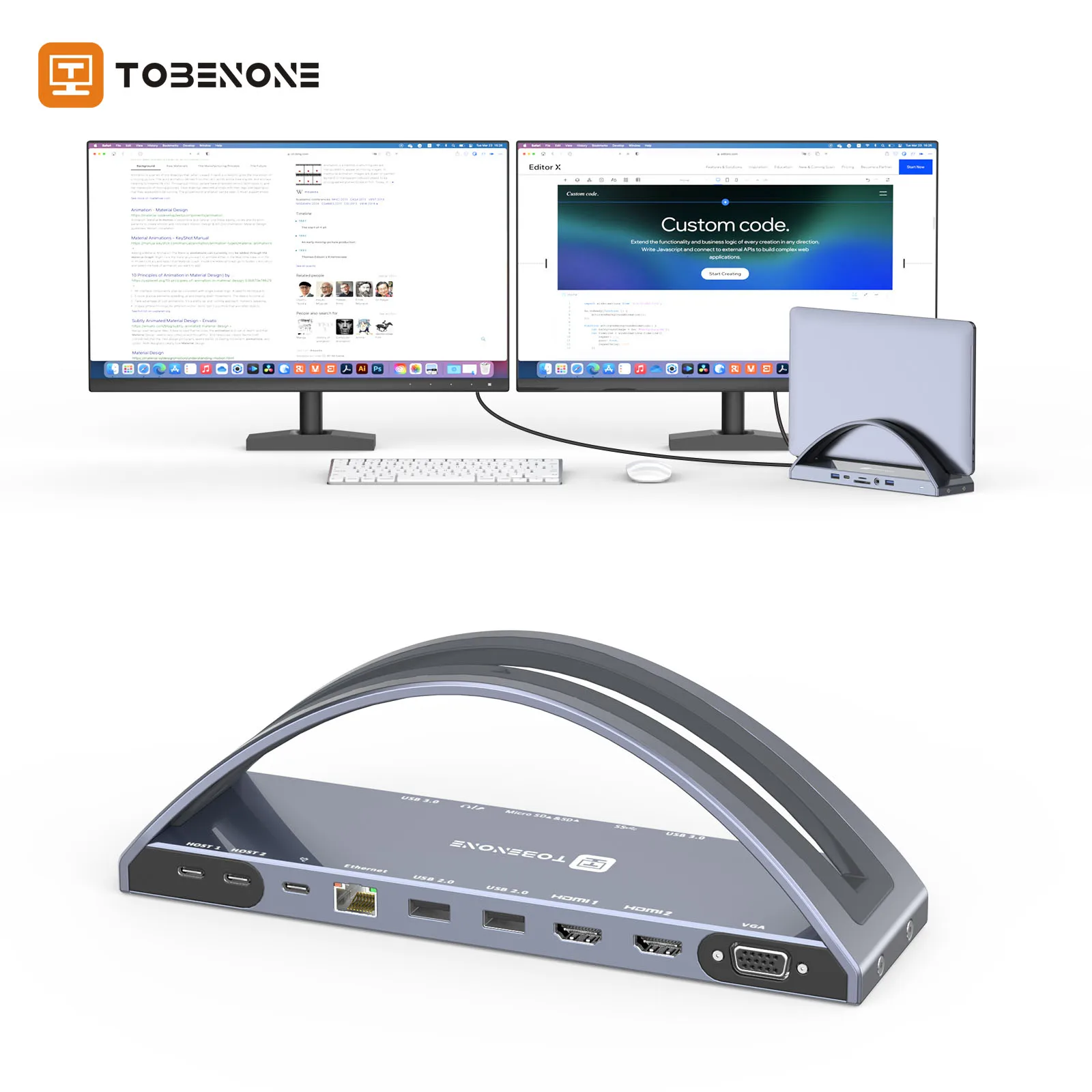 USB C Docking Station Stand Dual Monitor for MacBook Pro/Air with 2 4K HDMI VGA USB C PD3.0 RJ45 SD/TF 3.5mm Audio