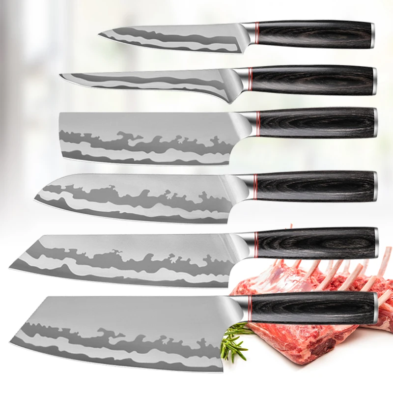 Cuchillos de cocina profesionales para cortar pan, fruta, pescado, barbacoa, carnicero, cuchillo para deshuesar, Chef, carne, mango de madera, juego