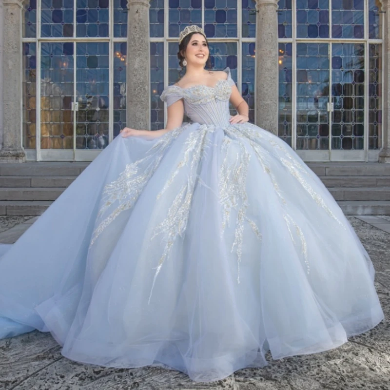 

Light Blue Shiny Quinceanera Dresses Off The Shoulder Applique Lace Beading Tull Party Birthday Sweet 16 Dress Vestidos 15 Anos