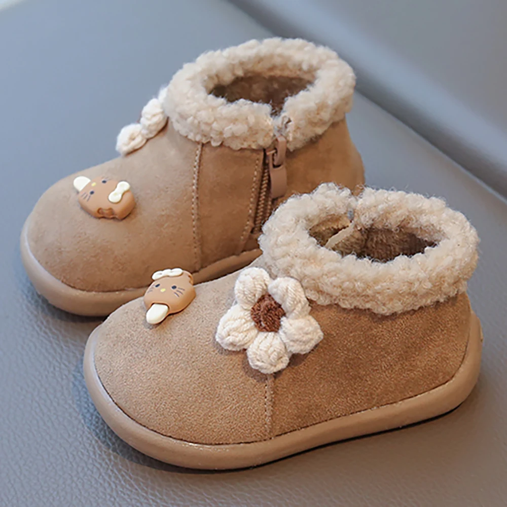 

Korean Style Girl's Plush Boots Thick Warm Fur Boots For Kids Thick Warm Anti-slippery Girl's Ankle Boots Warm Cotton Shoes