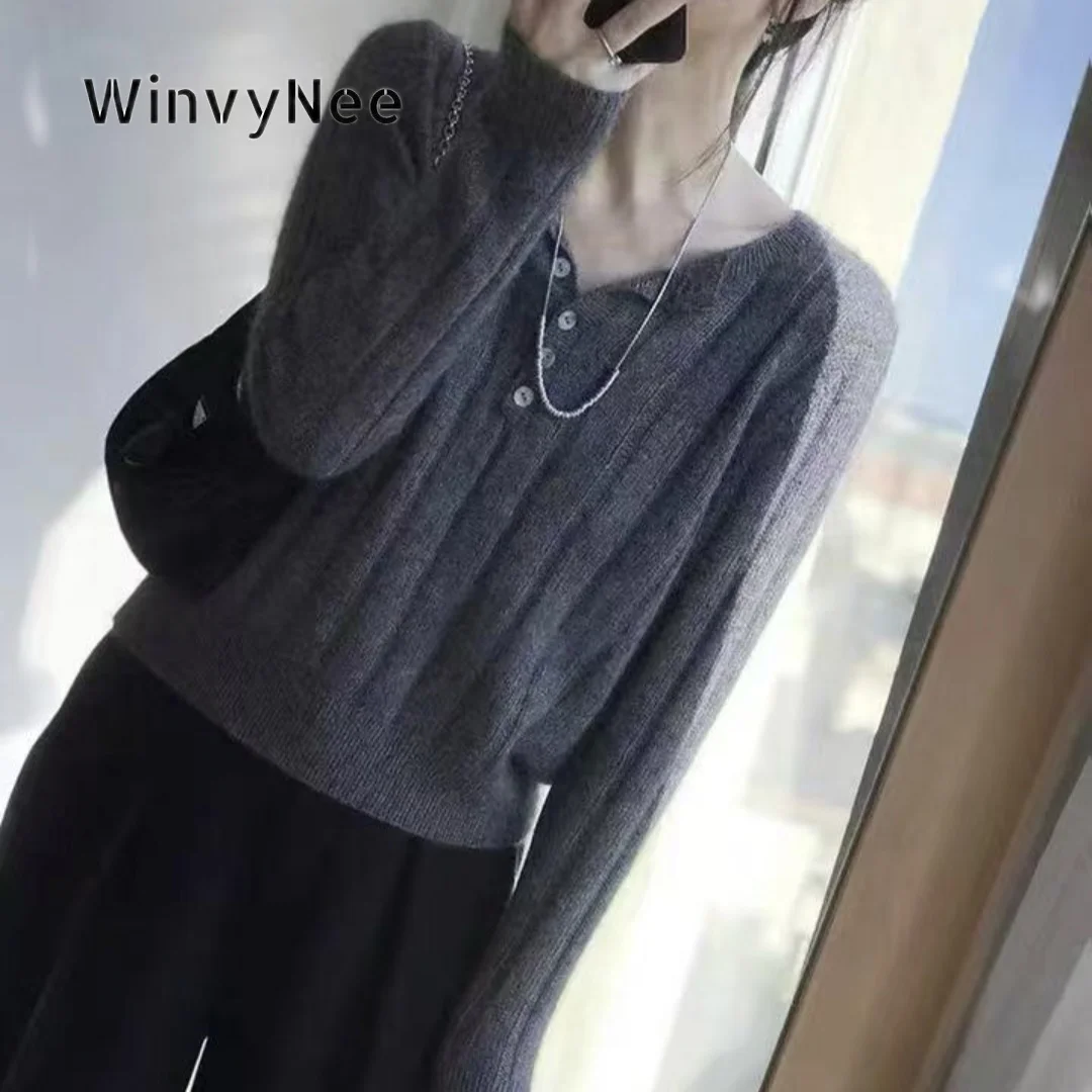 WinvyNee Women Solid Pure Wool Half Open Crew Neck Knit Pullover Versatile Slim Fit fashion Sweater Autumn Spring Top ZA1733008