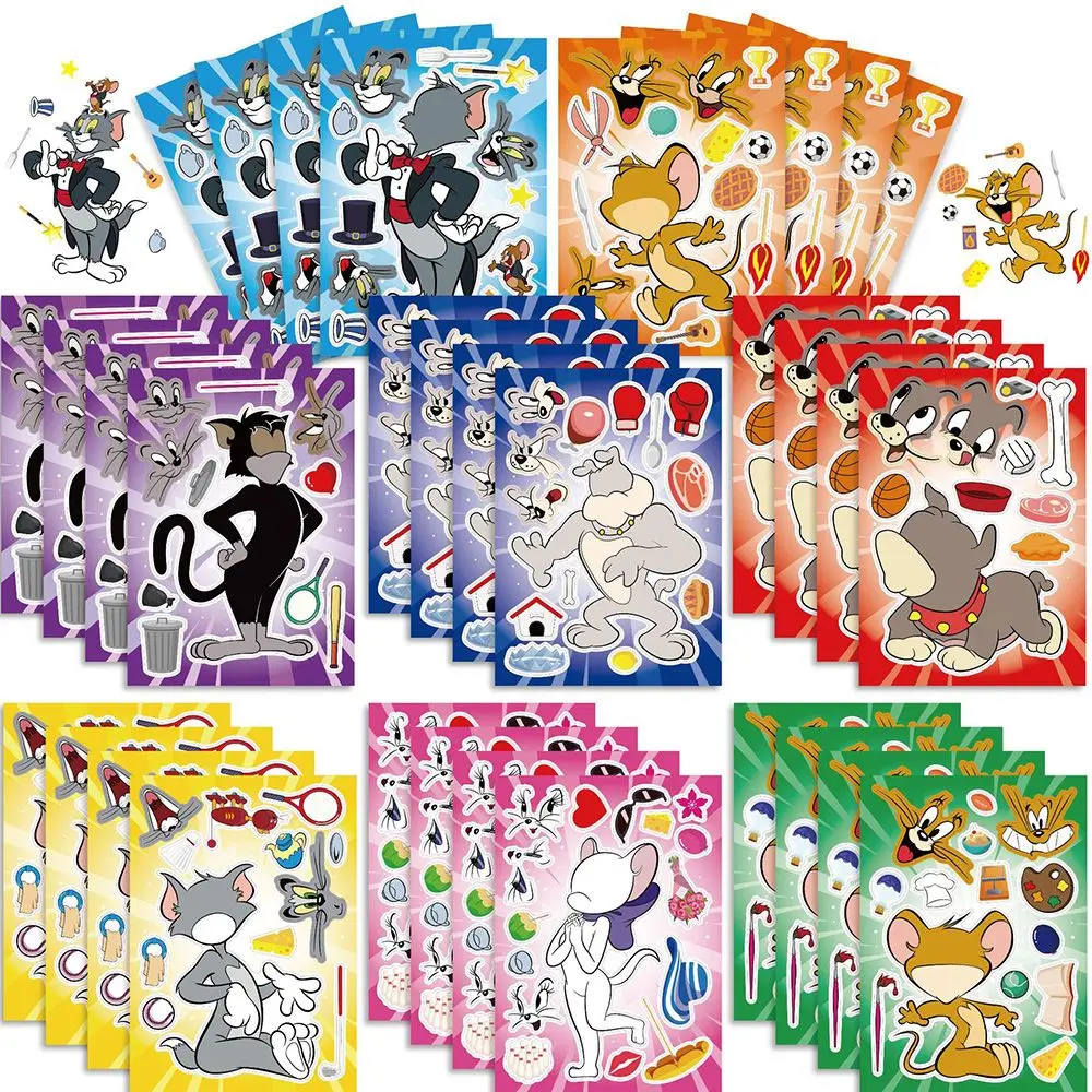 8 Pegatinas Animadas de Gato y Ratón, Rompecabezas de Dibujos Animados de Tom y Jerry, Divertidas, Hechas a Mano, con Caras Intercambiables, Autoadhesivas, DIY