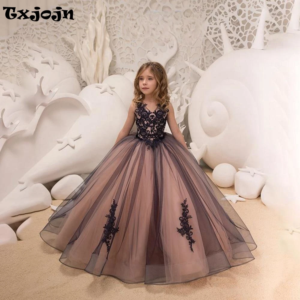 Charming Lace Appliques Girls Dresses Piano Contest Performance Puffy Tulle Ball Gown Kids Dress For Birthday Party Customized