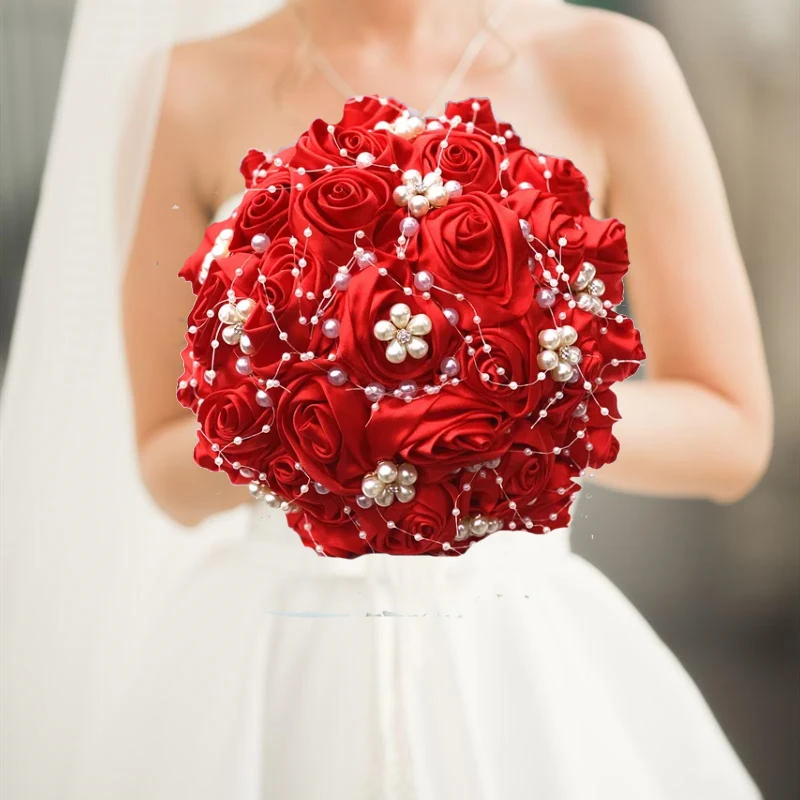 1pc/lot  Red Bridal Wedding Bouquet Artificial Ribbon Rose