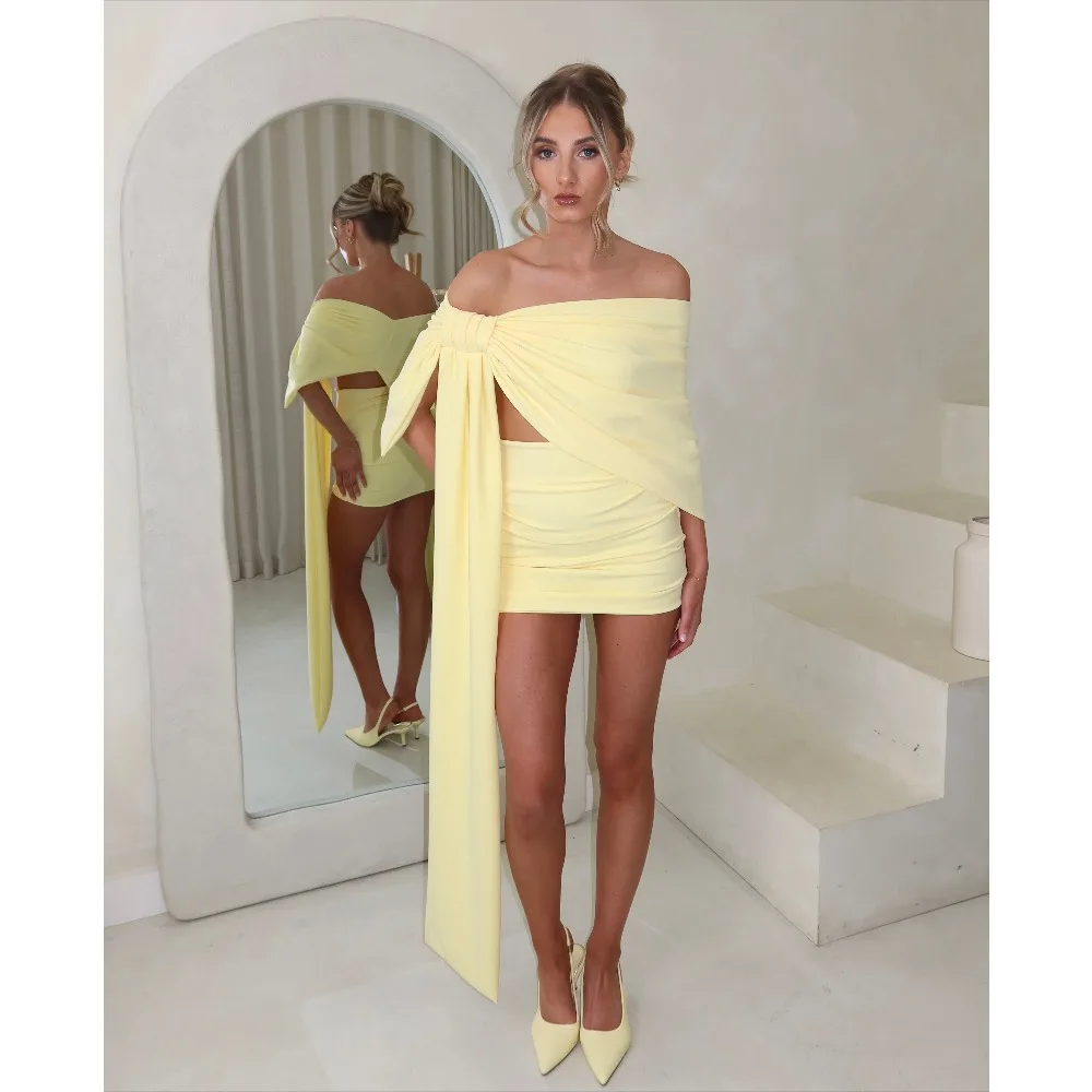 

Customized 2 Pcs Mini Dress Light Yellow Cocktail Party Dresses 2026 Women's Sheath Short Evening Dress Elegant Prom Growns