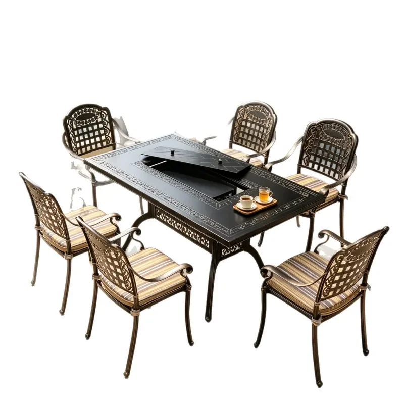 Rectangular Cast Aluminum Outdoor BBQ Table Set with Chairs Garden Patio Grill Dining Furniture Dual Purpose