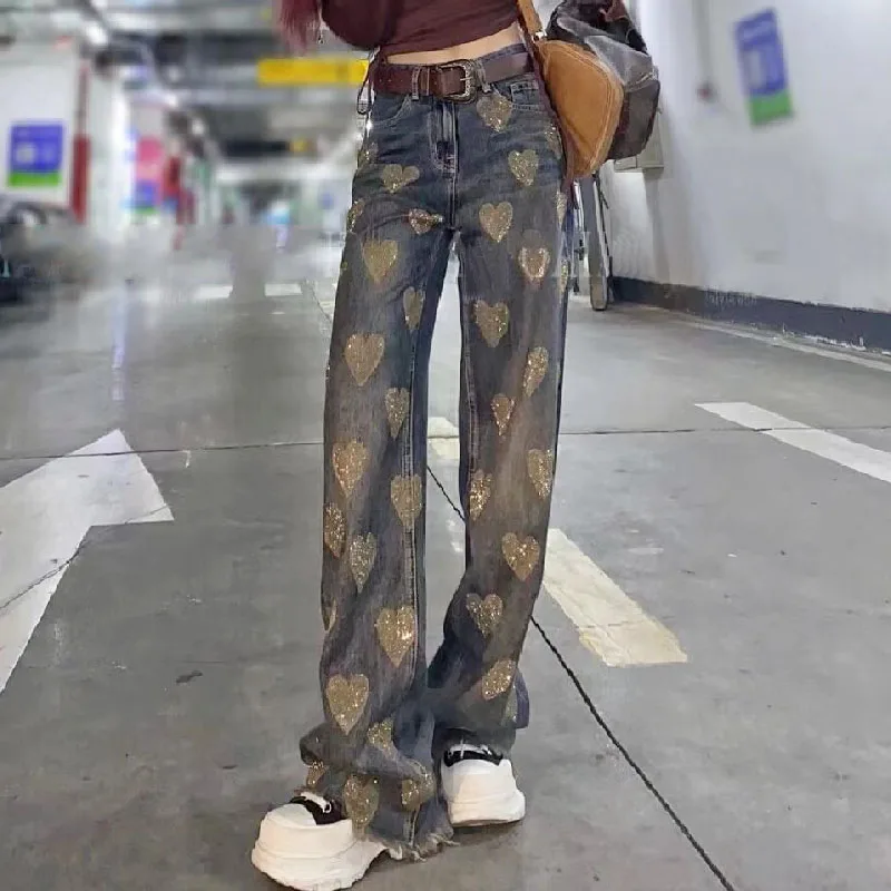 

Women's Denim Jeans Spring 2026 New Sle Heavy Embellied Heart Faionable Drapey Versatile Floor-Length Wide Leg Pants