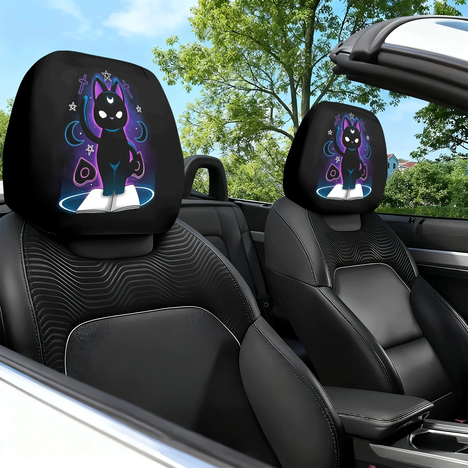2pcs Car Headrest Covers - Black Cat Magic Book Luminous Themed Print Pattern Car Seat Headrest Neck Pillow Covers - Anti-Slip