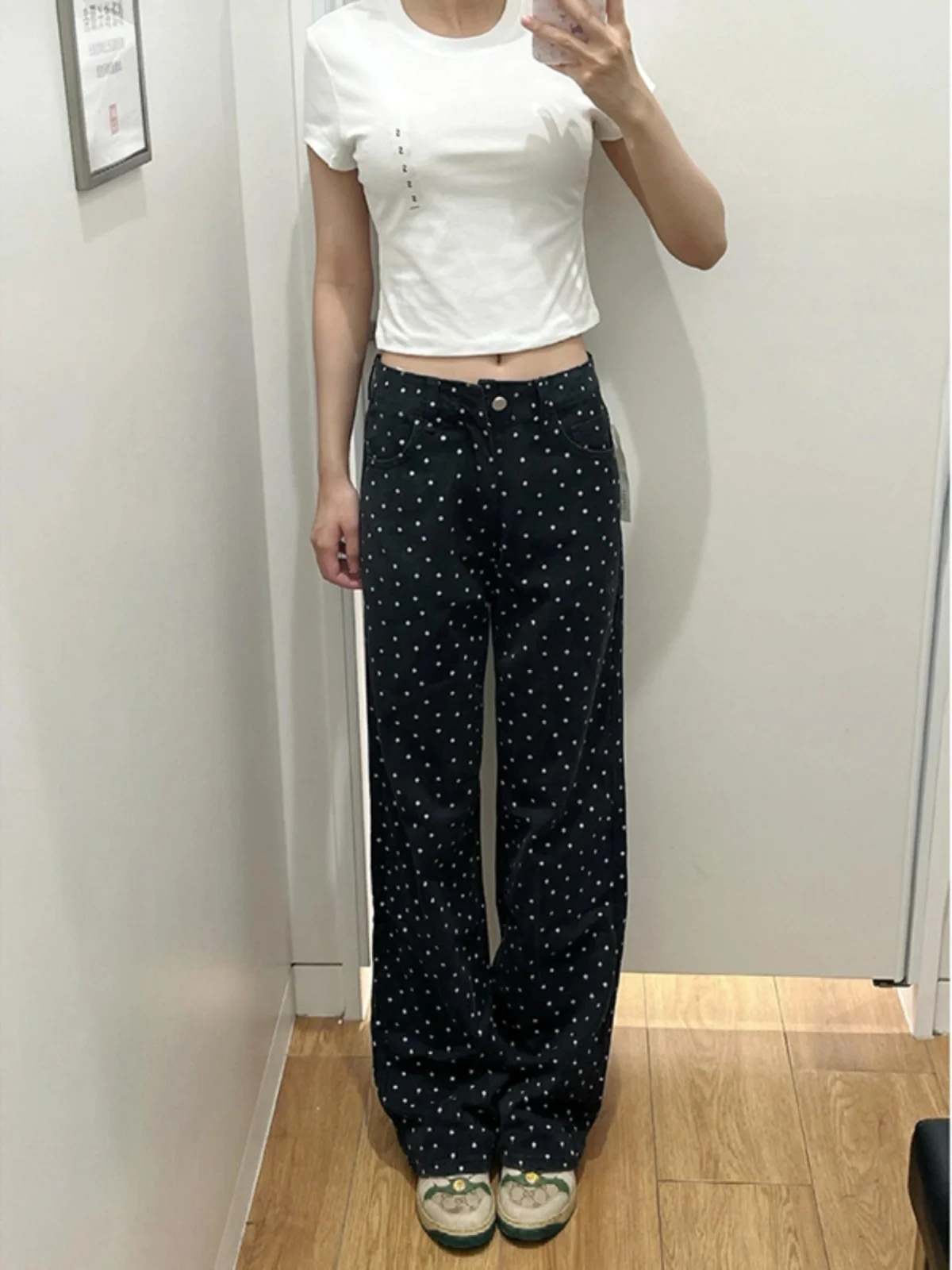 

Джинсы женские летние с высокой талией, в горошек, широкие штанины, новые, стройнящие, белые в черный горошек, супердлинные, прямого кроя, из денима