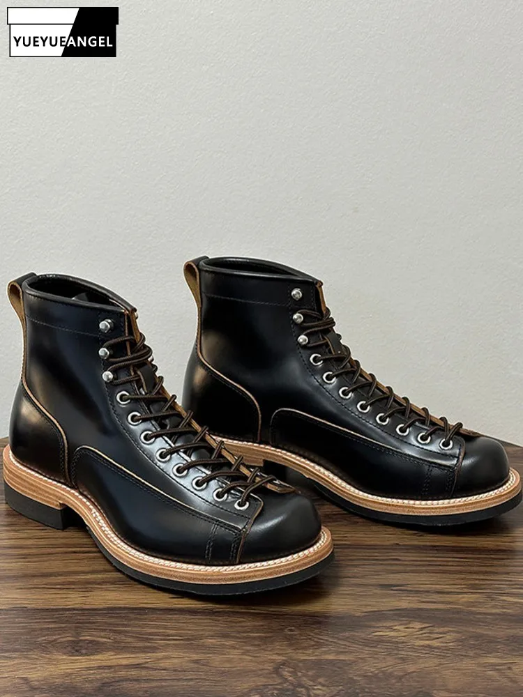 Vintage Mens Lace Up Cowhide Genuine Leather Ankle Boots High Top Motorcycle Biker Riding Shoes Handmade High Quality Work Boots
