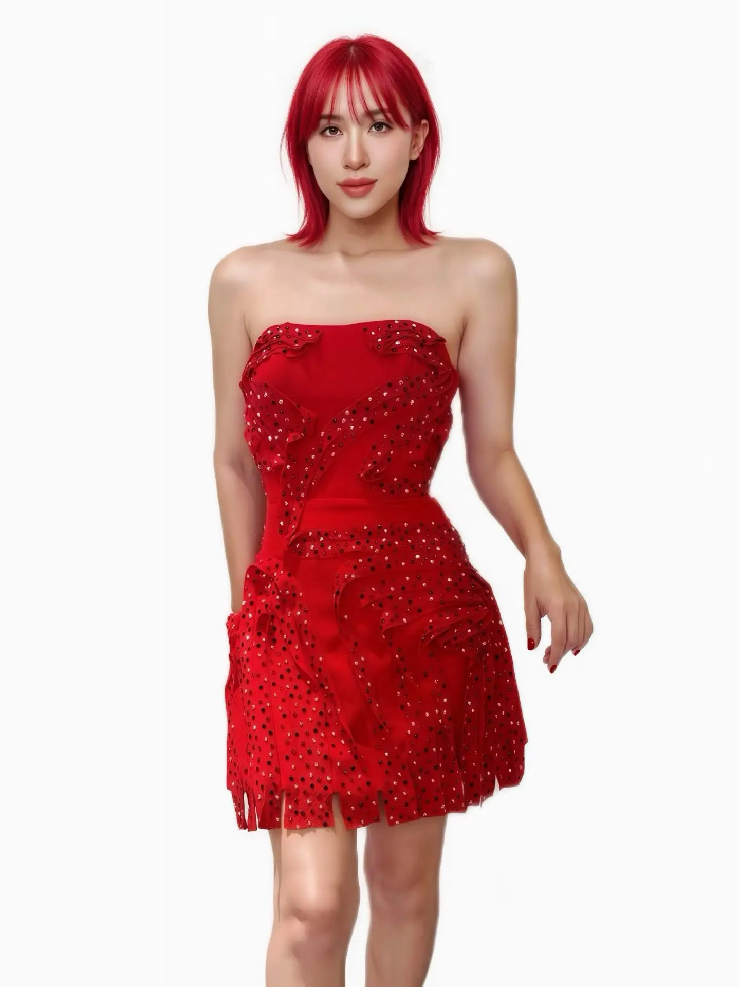Hongdenglong Red Strapless Ruffle Rhinestone Embellished Bodycon Mini Dress for Drag Queen Stage Performances and Events