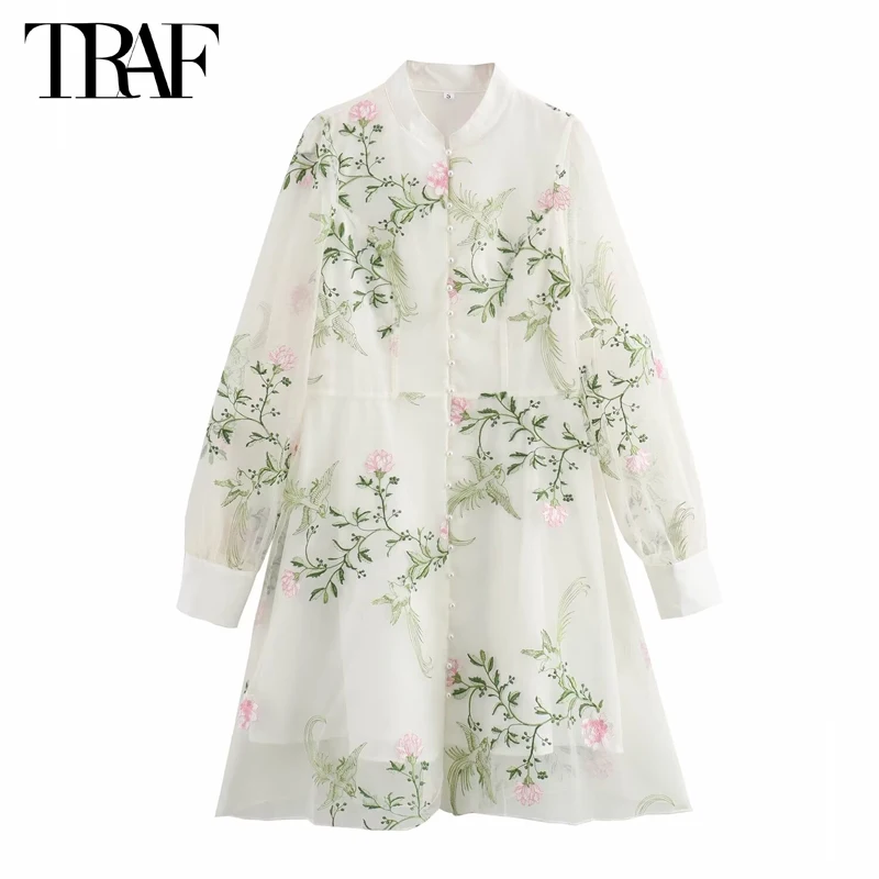 TRAF Embroidery Short Dresses for Women Vintage Pleated Dress Woman Long Sleeve Button Women's Dress Summer Holiday Female Dress