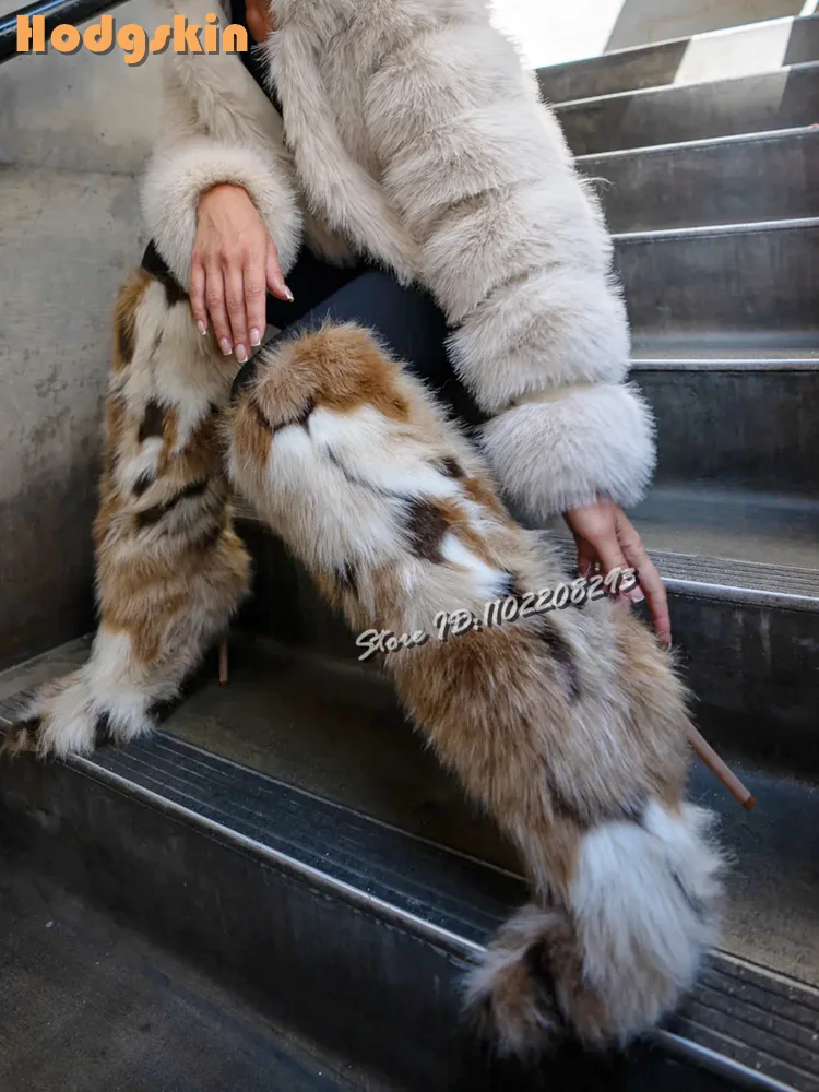 

Retro Patchwork Faux Fur Boots Pointed Slip-on Knee-high Boots Multicolored Brown Stiletto Fashion Shoes 2025 Autumn New Women