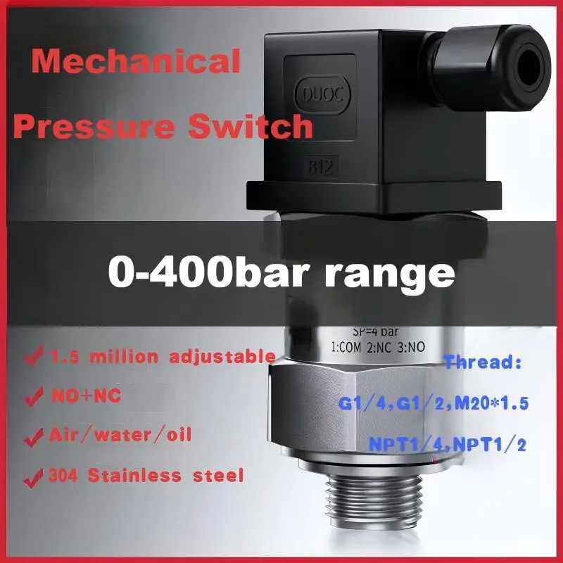 0-10bar Mechanical Pressure Switch Controller 20-200bar 5-50bar 10-100bar NO/NC Oil Gas Water Pressure Control Factory Sale