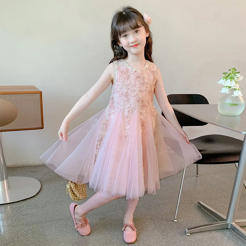 Summer New Girls Dress Lace Flower Embroidery Sleeveless Mesh Princess Dress For 3-10 Years Kids Party Stylish Gown Dress