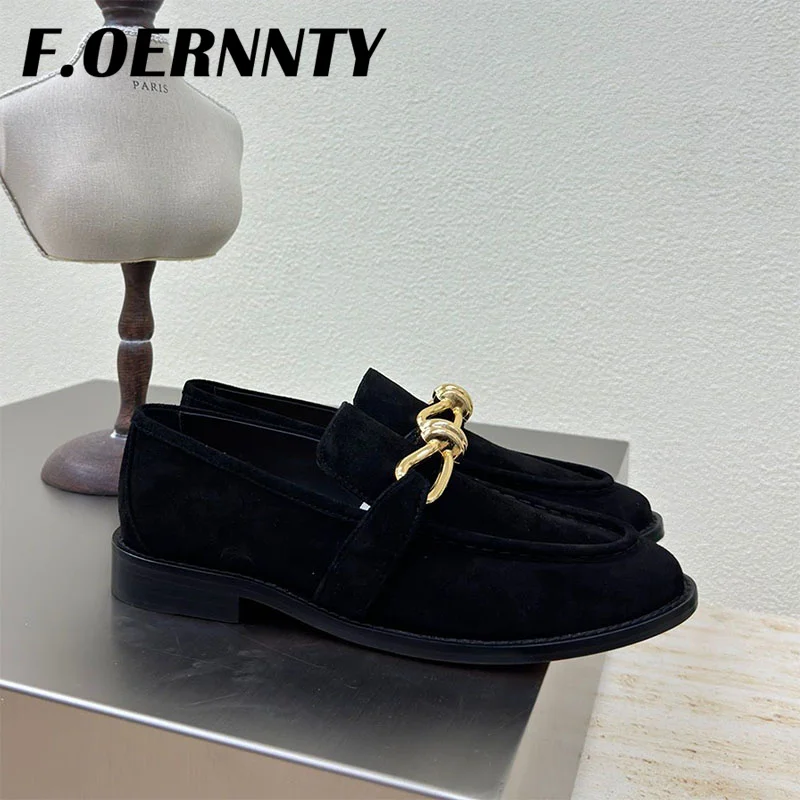 2024 New Metal Buckle Comfortable Loafers Women Round Toe Flat Heels Shallow Shoes Women Retro Casual Slip-On Shoes Women