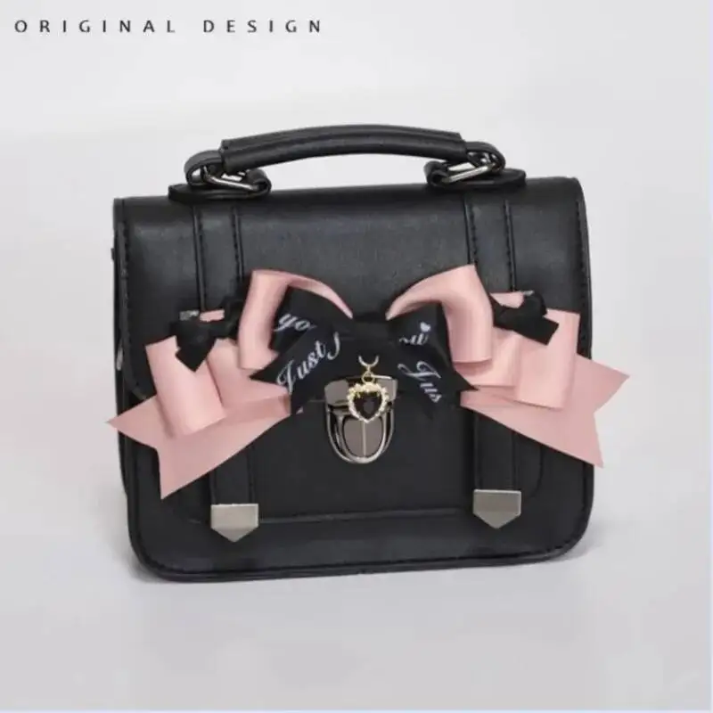 Bloom Japanese Bow Black Messenger Bag Women JK Uniform Handle Square Crossbody Ladies Vintage Lolita Shoulder Bags