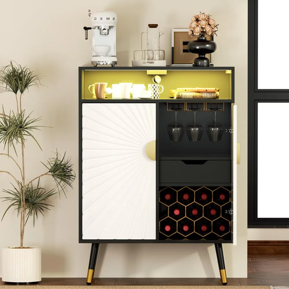 

Coffee Bar Cabinet with Power Outlet & LED Light, Liquor Cabinet with Wine Rack & Glasse Holder, Wine Cabinet with Drawer for H