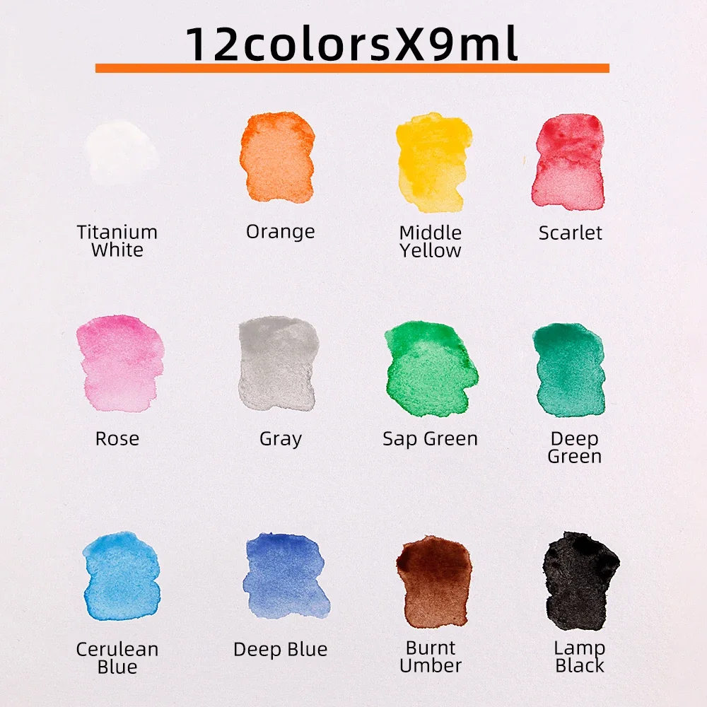 Pigmento aquarela para arte estudantil, pintura grafite, paredes DIY pintadas à mão, 12 cores, 9ml