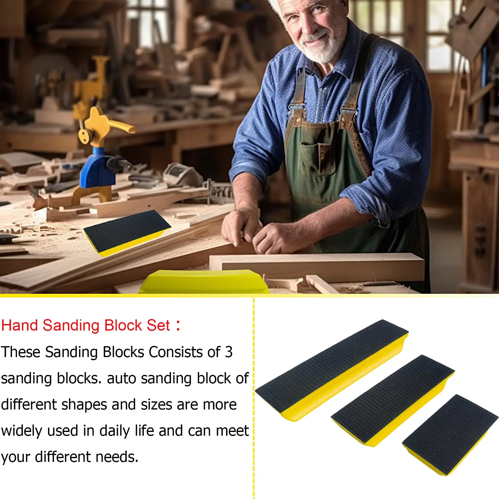 3 Pcs Classic Rectangle Hand Sanding Block Kit 3 Lengths of Sanding Blocks for Polishing Woodworking Wood Furniture Metal