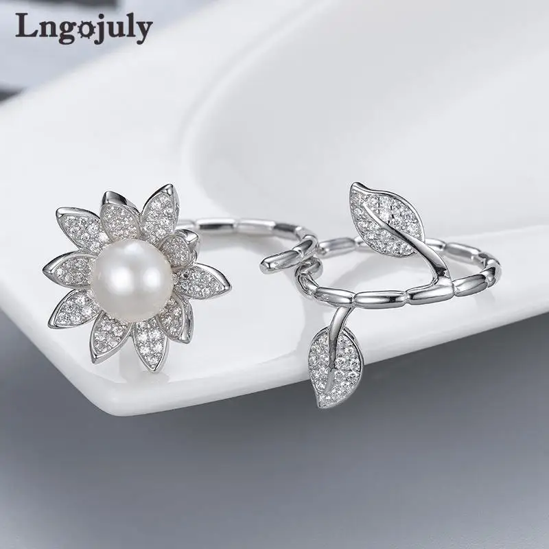 Fine Jewelry 925 Sterling Silver Adjustable Flower Pearl  Ring For Women Girl Anniversary Wedding Party Jewelry Gifts