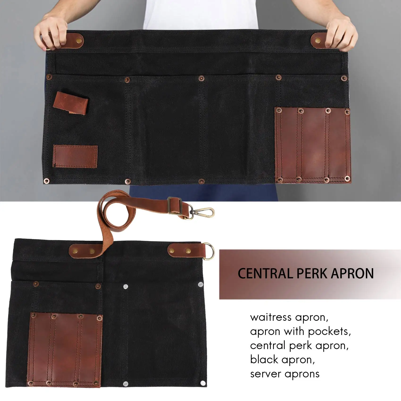 F-3C Multi Pocket Apron for Women Real Leather Canvas Half Apron Pocket Waitress Teacher Utility Server Cosmetic Apron Black