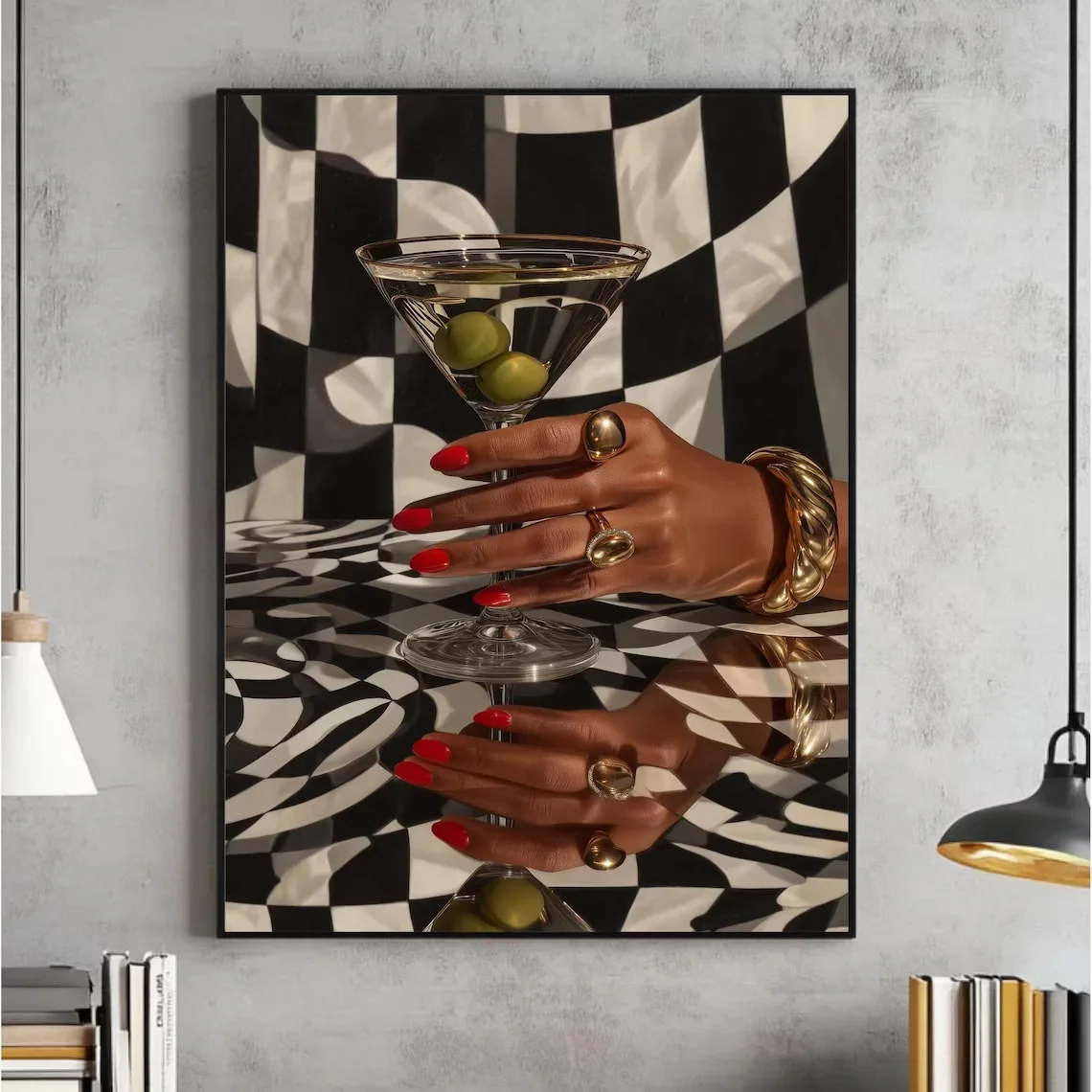 2026-Retro Martini Wall Art, Black Girl Bar Cart Painting, Black fashion Poster, Black Woman Digital, Cool Apartment File Trendy