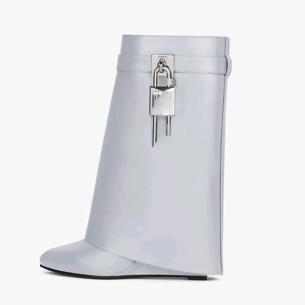 Spring Autumn New Style Wide Barrel Foldable Shark Boots Leisure Fashionable High Heeled Mid Calf  Boots Party Banquet Shoes