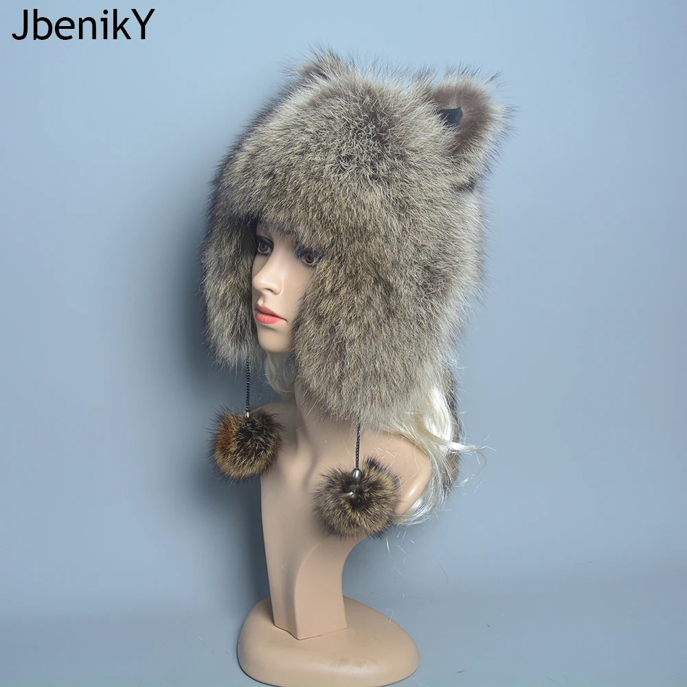 Women Natural Raccoon Fur Caps Ushanka Hats for Winter Thick Warm Ears Fashion Bomber Pom Pom Hat Lady Real Raccoon Fur Cap Tail