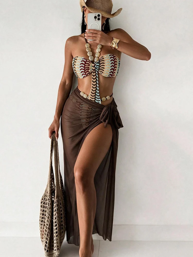 Women Beaded Halter One Piece Swimsuit Set Sexy Cutout monokini Bathing Suit Mesh Wrap Sarong Long Skirt Beach Cover Up Swimwear