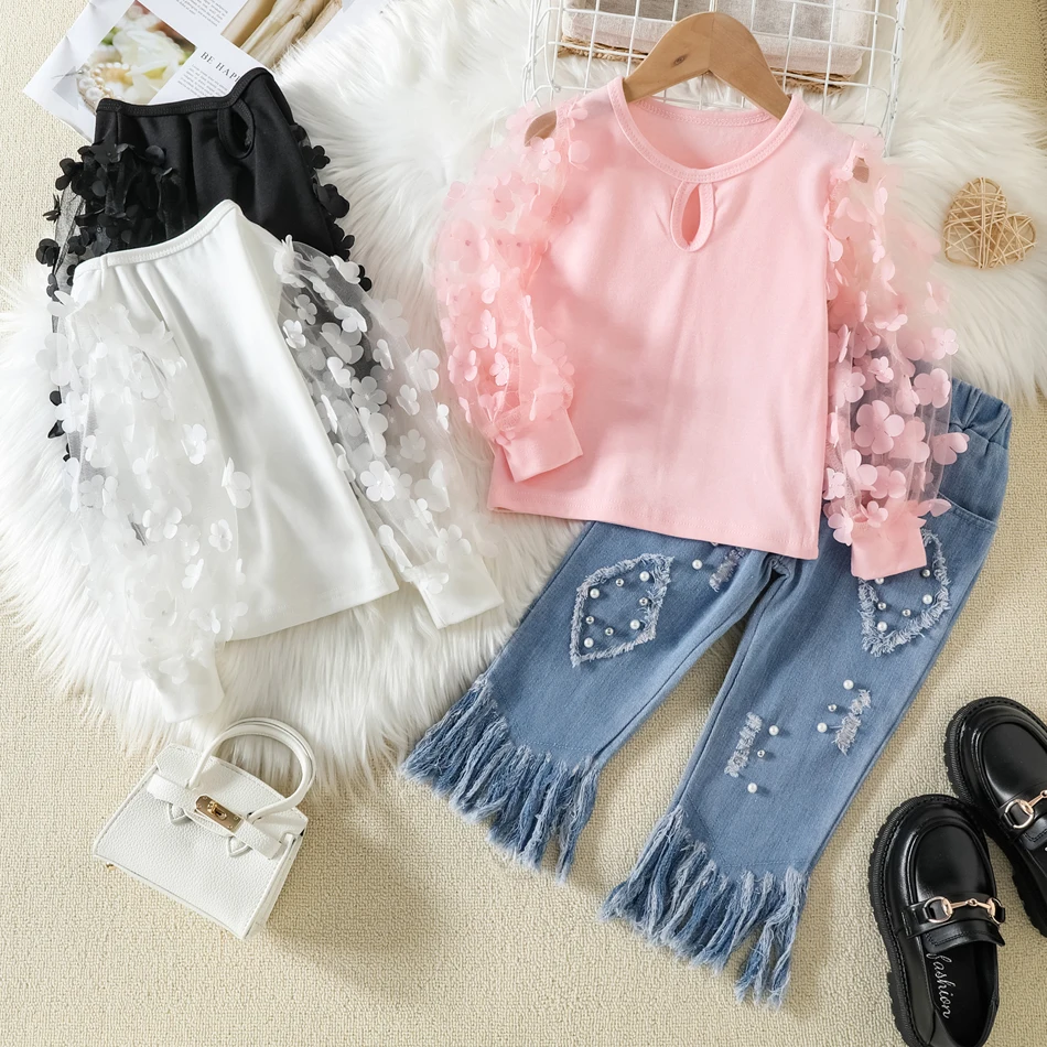 

Toddler Kids Baby Girls Spring Autumn Outfit Sets Long Sleeve Mesh Patchwork Tops Shirt+ Denim Tassel Flared Pants 1-6T