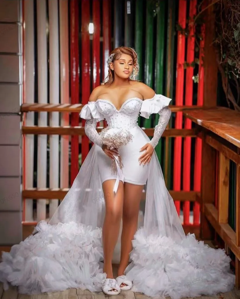 Fancy Sweetheart Wedding Gowns Appliques Off Shoulder Bridal Robe Lace Sleeve Vestido De Casamento Bridal Dresses Bead Tulle Ruf