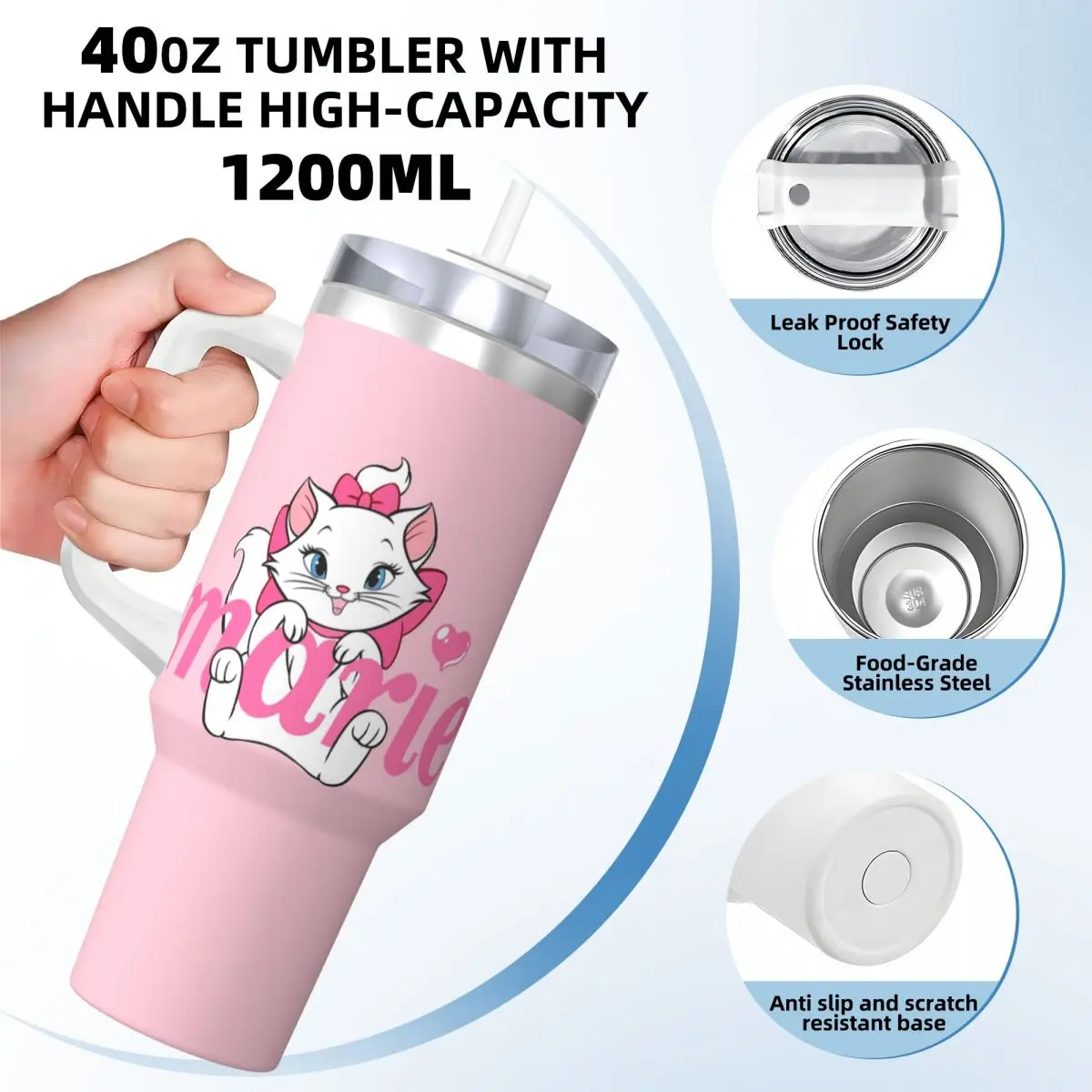 Stainless Steel Tumbler Marie Cat Car Mugs With Straws Beach Cold Drink Water Bottle Heat Preservation 40oz Thermal Cups