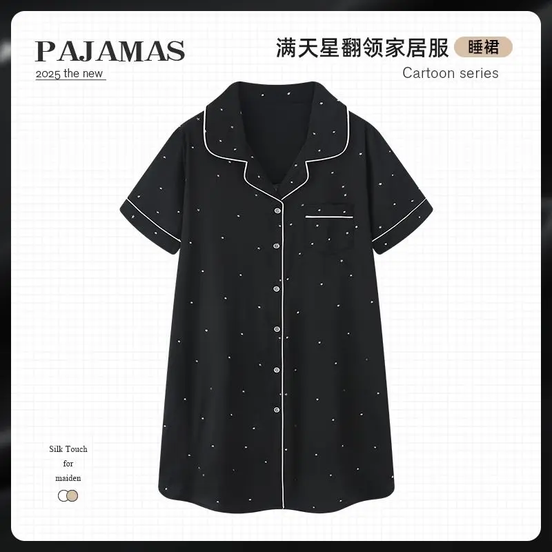 

Лето 2025 г., большие размеры, сексуальная шелковая атласная ночная рубашка с коротким рукавом и принтом для женщин, корейская одежда для сна, ночная рубашка, ночное платье, домашняя ночная рубашка