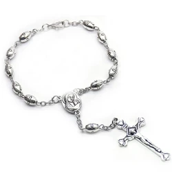 QIGO Metal Cross Beads Crucifix Rosary Bracelets For Men Women Religious Jewelry