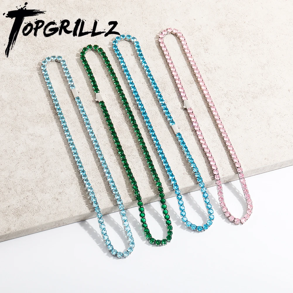 TOPGRILLZ Hip Hop klasyczny kolorowy 5MM łańcuch tenisowy wodoodporny i kolor retencji naszyjnik Iced niebieski/zielony/różowy cyrkonia